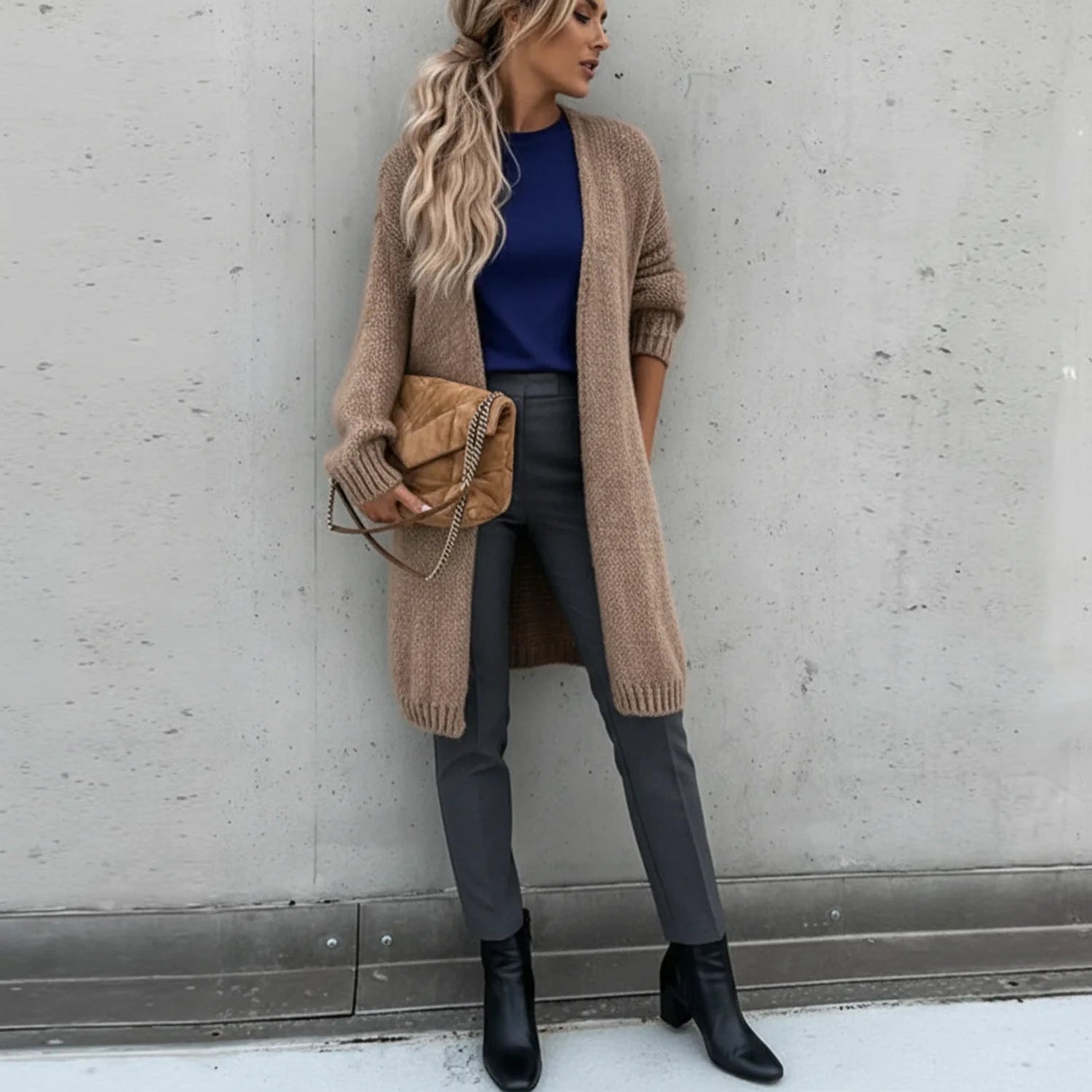 Cardigan Femme Long Ouvert en Tricot Décontracté 4