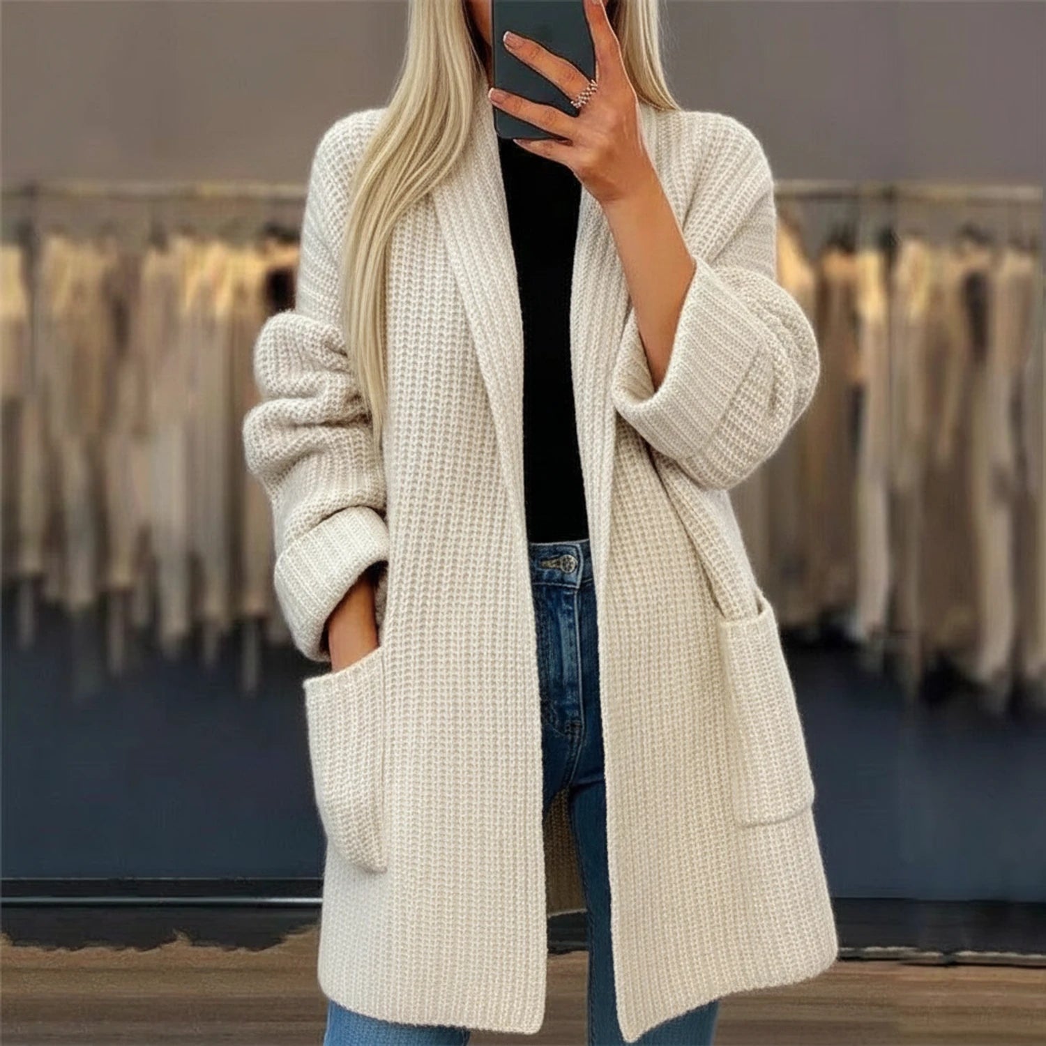 Cardigan Femme Oversized Ouvert Avec Poches 0