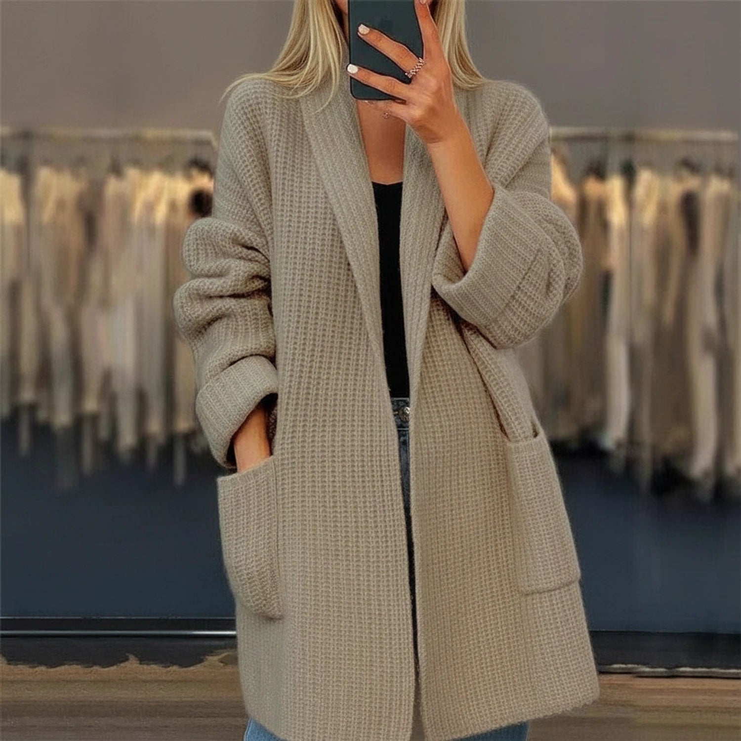 Cardigan Femme Oversized Ouvert Avec Poches 1