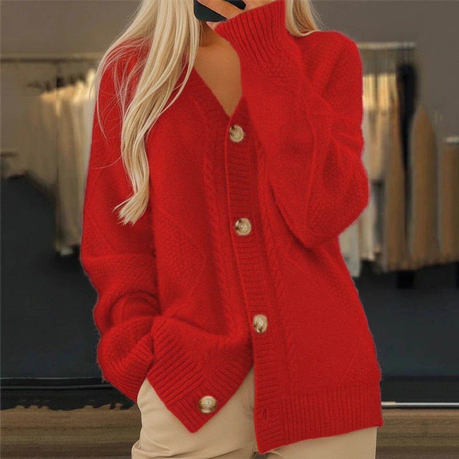 Cardigan Femme Texturé Boutonné en Tricot Confortable 2