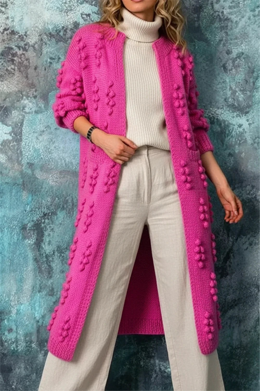 Cardigan Long Ouvert avec Pompons pour Femme 1