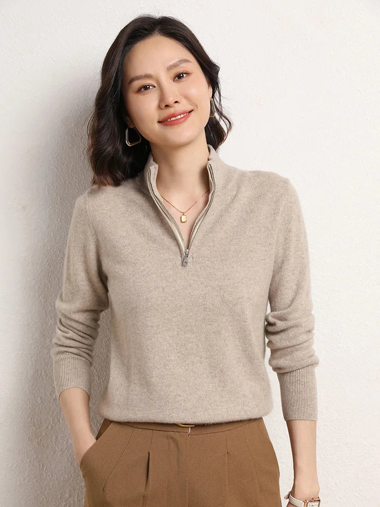 Pull Femme Demi-Zippé en Cachemire Doux 0