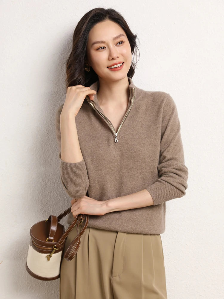 Pull Femme Demi-Zippé en Cachemire Doux 1