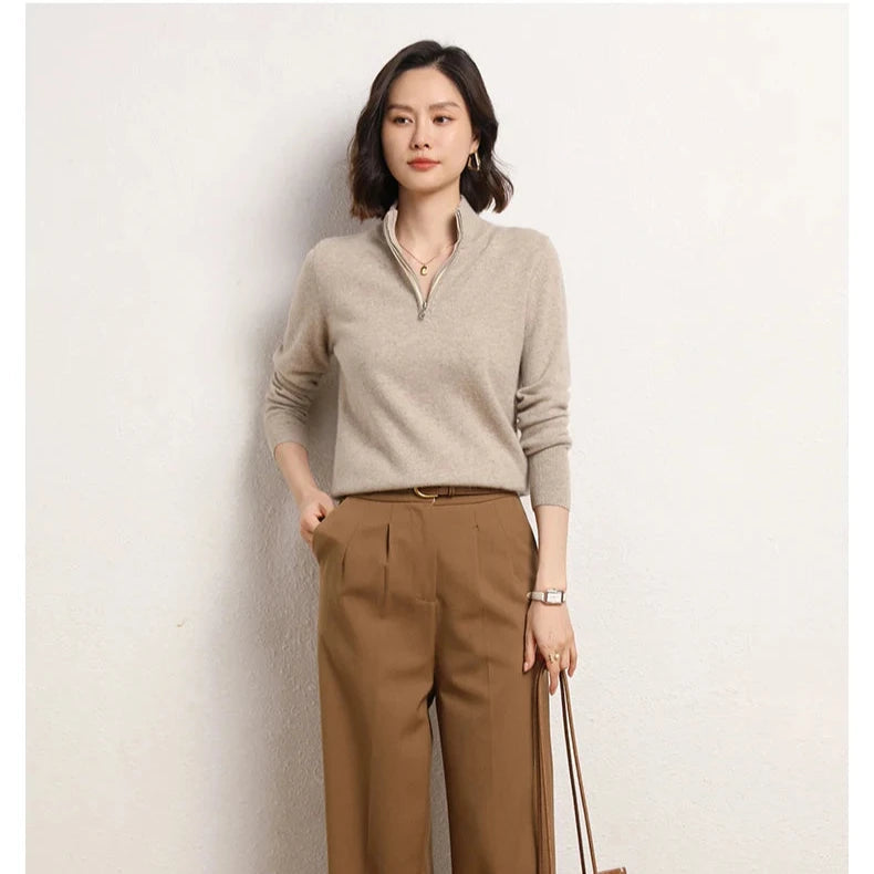 Pull Femme Demi-Zippé en Cachemire Doux 8