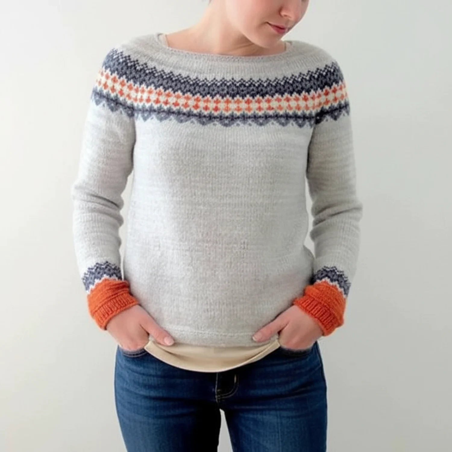 Pull Femme Multicolore à Col Rond Confortable 6