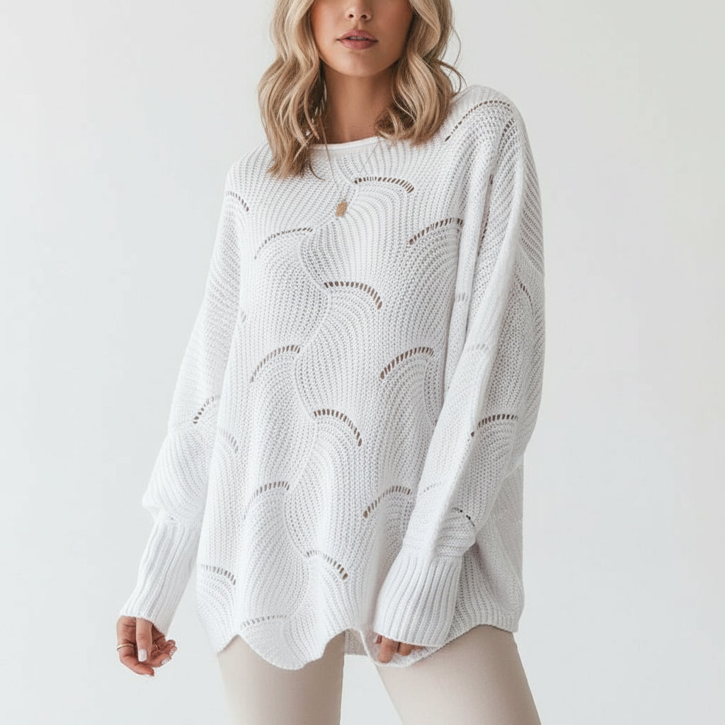 Pull Femme Surdimensionné en Tricot Ouvert Col Rond 0