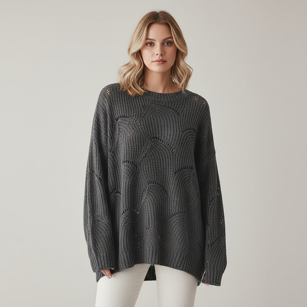 Pull Femme Surdimensionné en Tricot Ouvert Col Rond 1