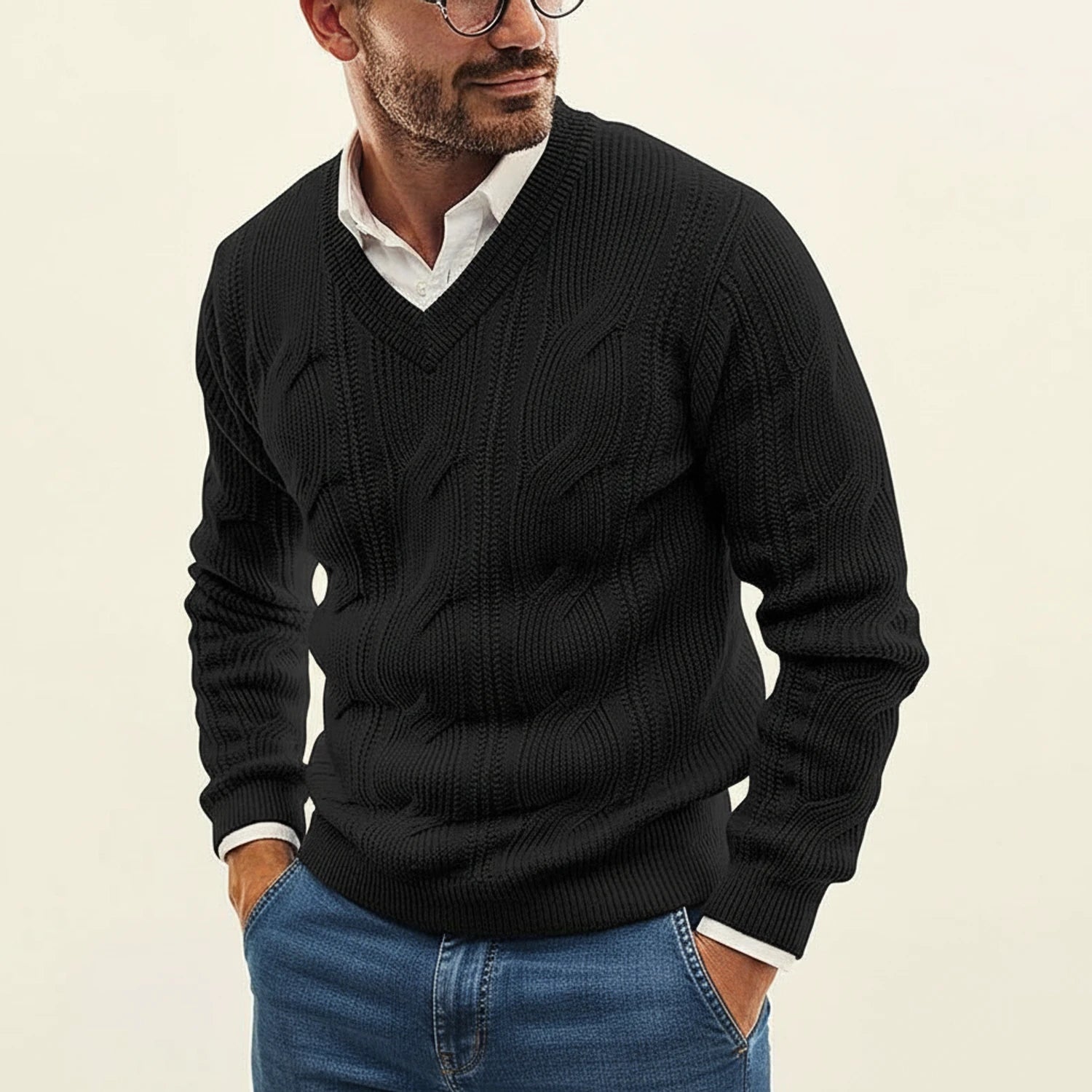 Pull Homme Tricot Côtelé Col en V Hiver 0