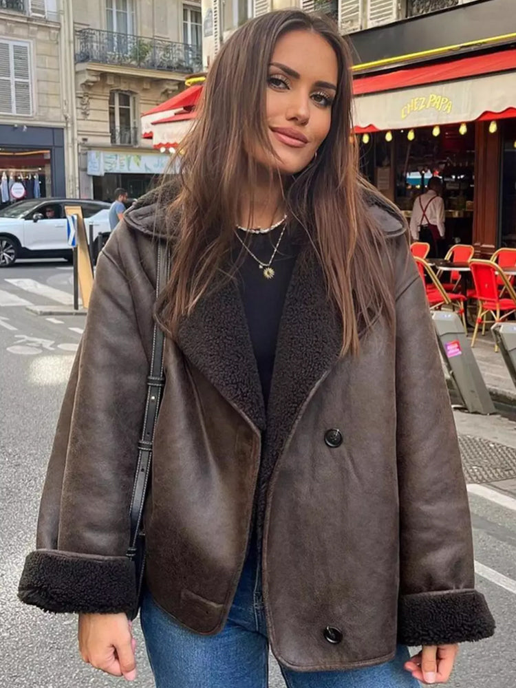 Veste Femme Élégante à Double Boutonnage Doublée Peluche 0