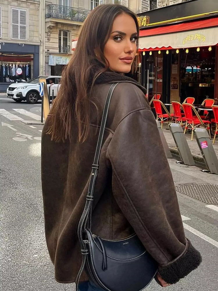 Veste Femme Élégante à Double Boutonnage Doublée Peluche 1