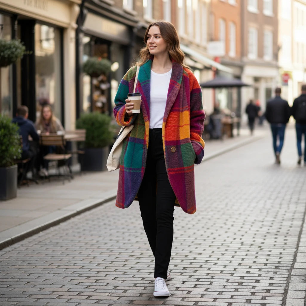 Veste Femme Longue à Carreaux Oversized Tendance 2
